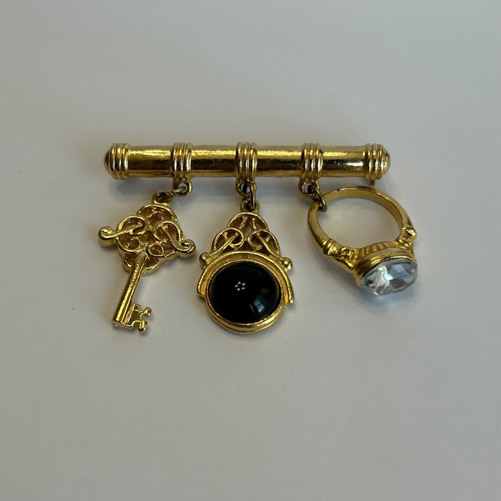 Vintage Gold Tone Bar Brooch with Key Cabochon and Ring Charms Victorian Style